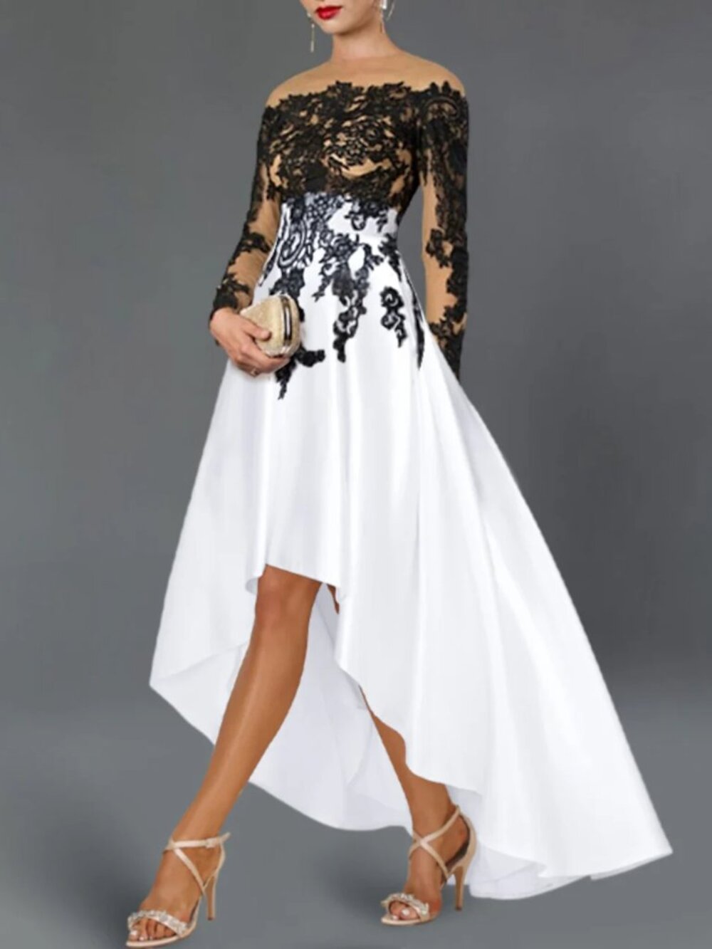 Aabei Formal NEW white Black Lace A-Line Illusion Neck Zip High-Low Dress 4/6
